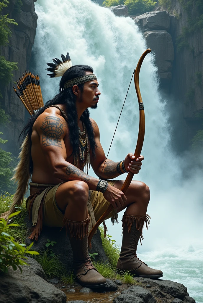 Strong American Indian at a waterfall,with bow and arrow
Sitting near the water