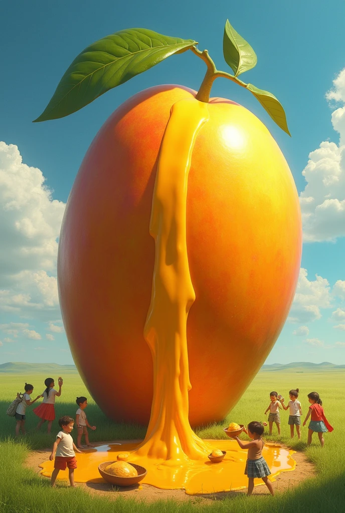 A multiple colour mango stands in an open field the size of a five-story building and the juice is pouring out from the mango and children are scooping it up in bowls
