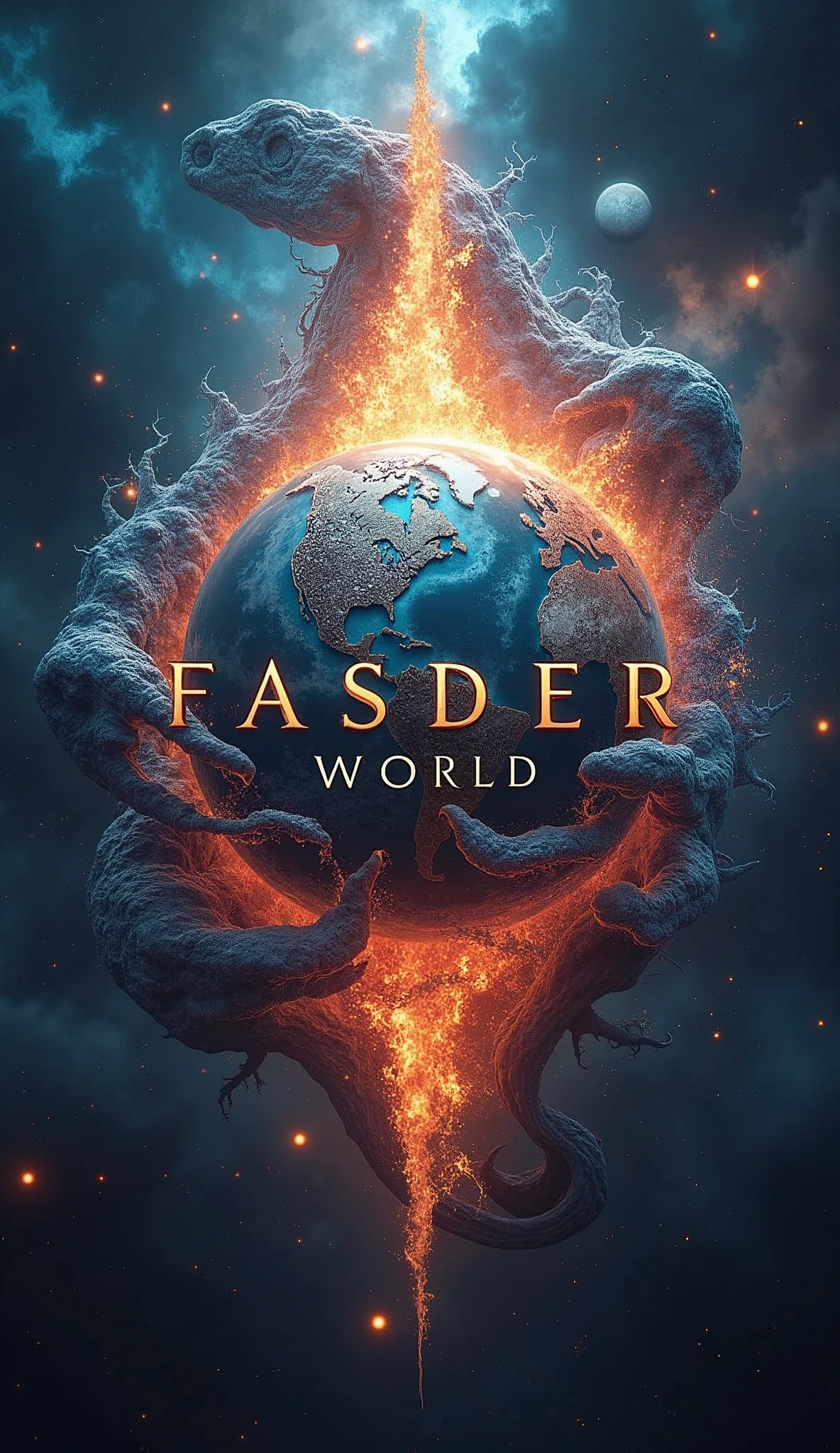 mythological Logo title word "FASDER WORLD", blast, thunder, universe, galaxy, burning planets, realistic, 8k ultra HD, falling stars, moon, sun, crystal clear, 3D, mythology, Sci-Fi, creatures, Storm, Fire, Wintet, Summer, globe, apocalypse, word titl "FASDER WORLD"