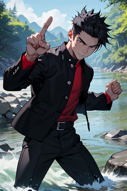 One boy, alone, Iris, Point pupils, Black Hair, short hair, gakuran, Black jacket,Red Shirt、Black Belt, Black trousers, bad、In the river、Legs spread in fighting pose,　Upper Body