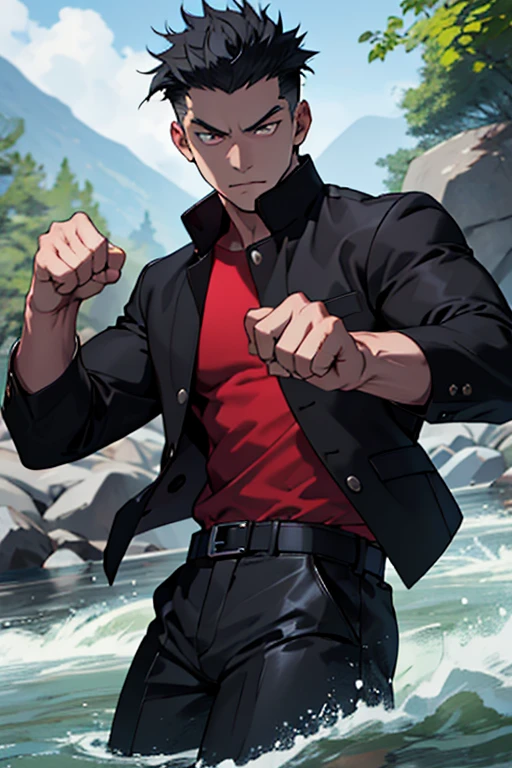 One boy, alone, Iris, Point pupils, Black Hair, short hair, gakuran, Black jacket,Red Shirt、Black Belt, Black trousers, bad、In the river、Legs spread in fighting pose,　Upper Body