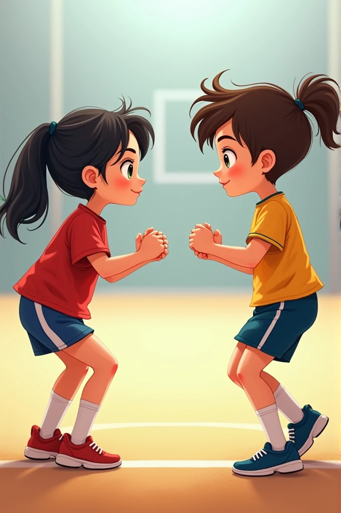 A boy and a girl are competing to see who is the better player, but the girl is more talented.