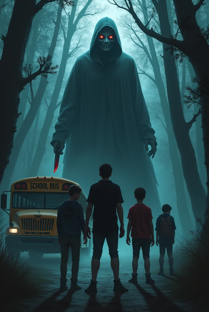 A somber and mysterious setting. No fundo, the dense and dark Devil’s Tramping forest, with tall, twisted trees shrouded in fog. a school bus, partially visible, parked at the edge of the road leading to the forest.
En el centro de la imagen, a group of four young people (Jack, Noah, Lilly e Oliver) is in a poised alert stance, looking with an expression of concern and fear. Jack is ahead, with an expression of urgency.
Above the group, a menacing silhouette with a mask and a bloody knife, partially obscured by fog.