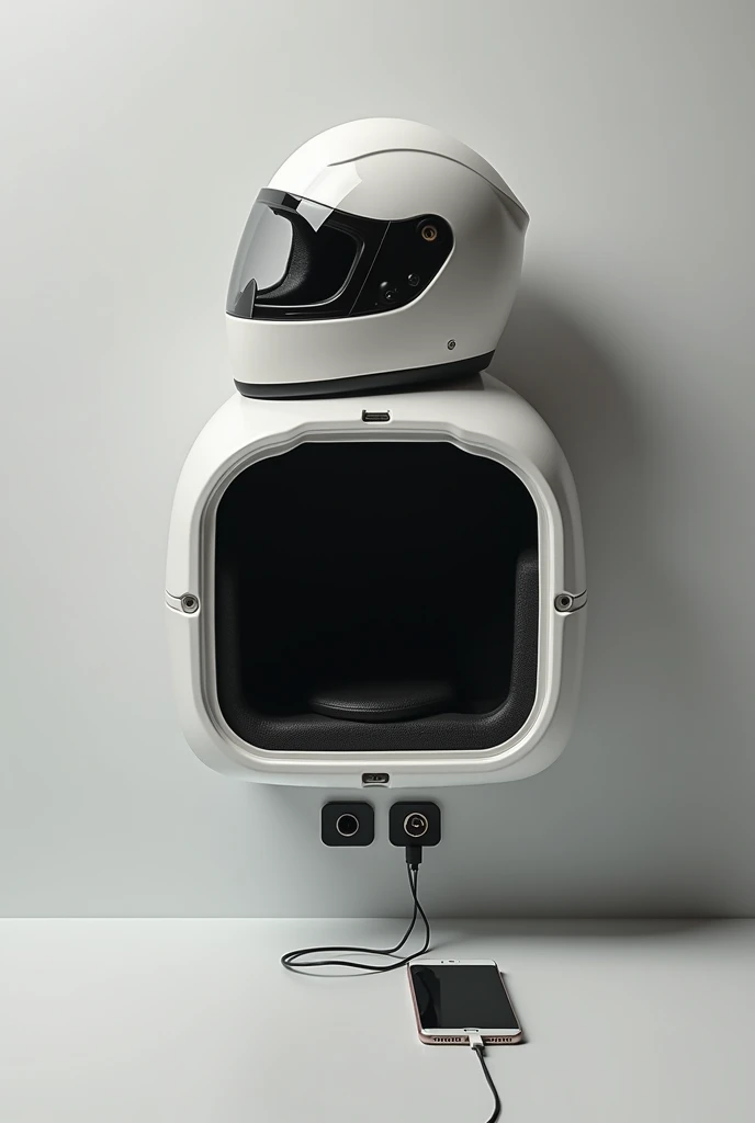 photo of helmet door with a helmet on top. under outlets to charge cell phone, with a cell phone charging