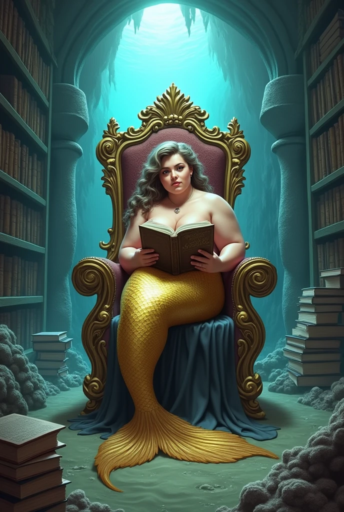 Forward facing full body illustration, mermaid, (curvy:1.3), (chubby:1), masterpiece, single powerful gold tail, large fin, iridescent highlights, golden mahogany brown hair, brown pupils, (large breast:1.1), sensual, roman nose, round chin, low cheekbones, reading large book, sitting in old rocky throne, surrounded by a library of books, underwater cavern opening in background, natural lighting