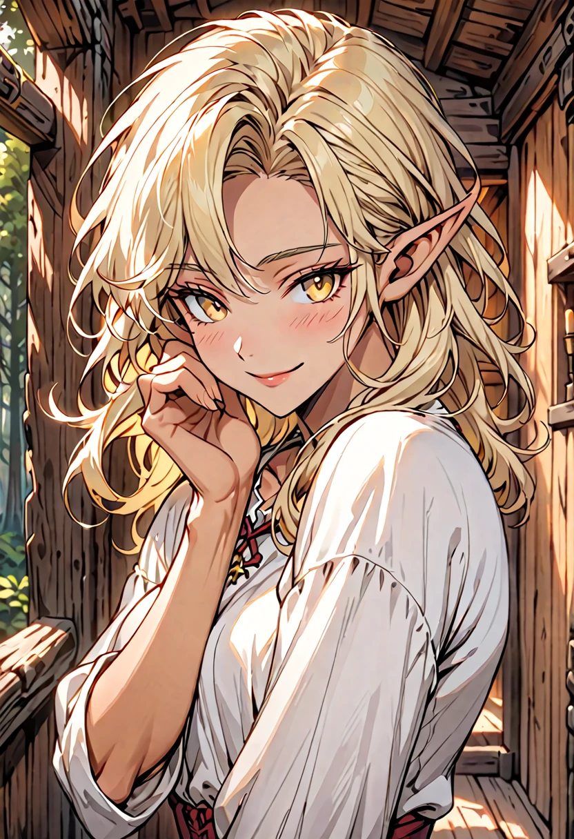 male, solo, slim waist, fit, long luscious blonde hair, yellow eyes, elf, light tan skin, clean shaven, blush, cabin indoors, forest, medieval clothes, young, feminine male, loving smile, shy pose, loose poet shirt, close up, pinup pose