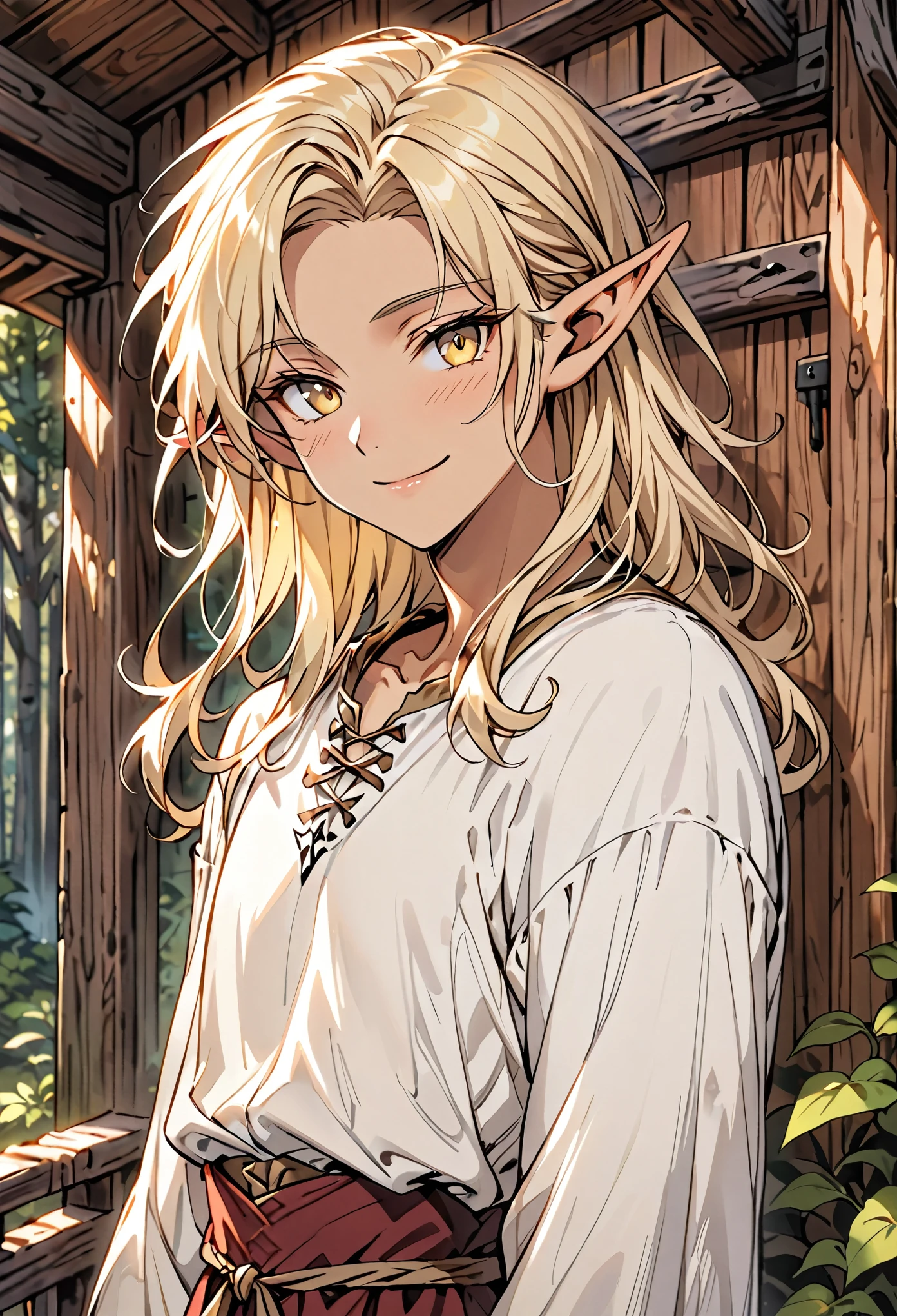 male, solo, slim waist, fit, long luscious blonde hair, yellow eyes, elf, light tan skin, clean shaven, blush, cabin indoors, forest, medieval clothes, young, feminine male, smile, shy pose, loose poet shirt, close up