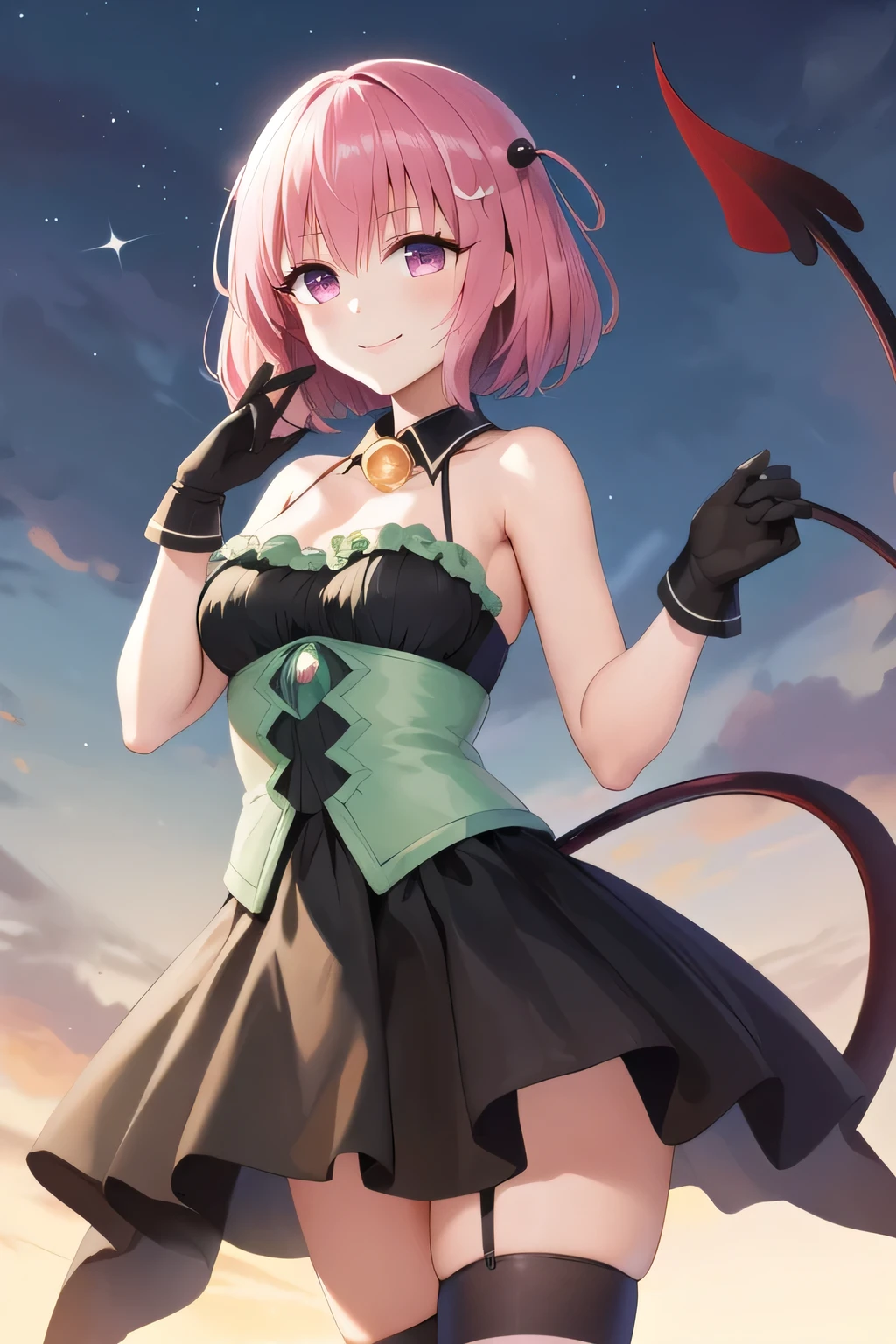 masterpiece, best quality, tlrmomo, hair ornament, black and green dress, detached collar, White long gloves, black skirt, demon tail, striped thighhighs, Happy, beautifull smile, closed mouth, standing, front side, night sky, standing