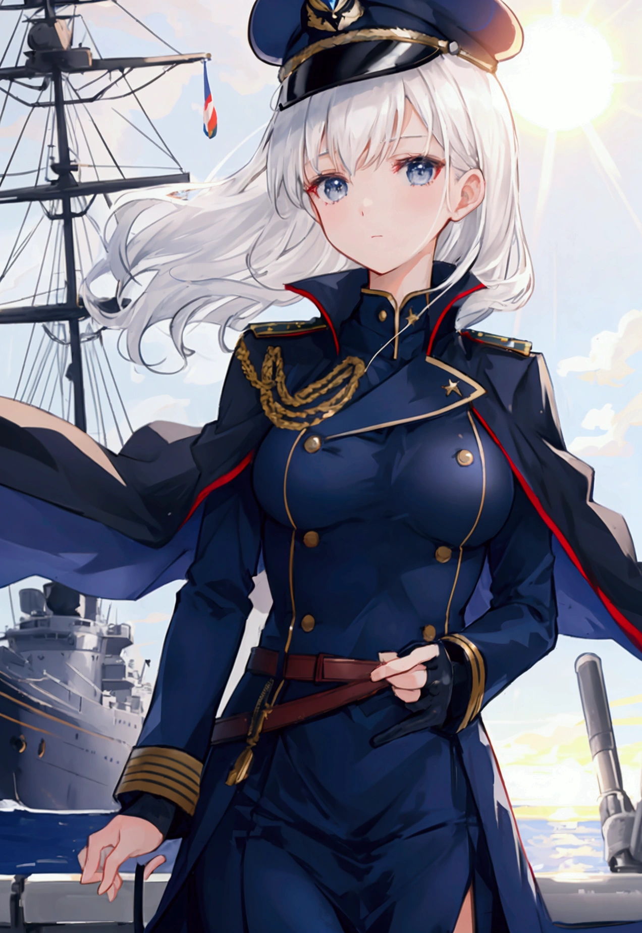 Ship deck background, daytime, sun glare, Military uniform, dark blue uniform, navy uniform, cape, 1girl, white hair, shining hair, medium breast, bokeh, epic, facing viewer,