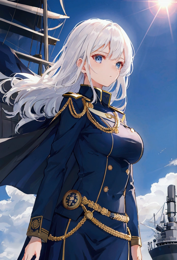 Ship deck background, daytime, sun glare, Military uniform, dark blue uniform, navy uniform, cape, 1girl, white hair, shining hair, medium breast, bokeh, epic, facing viewer,