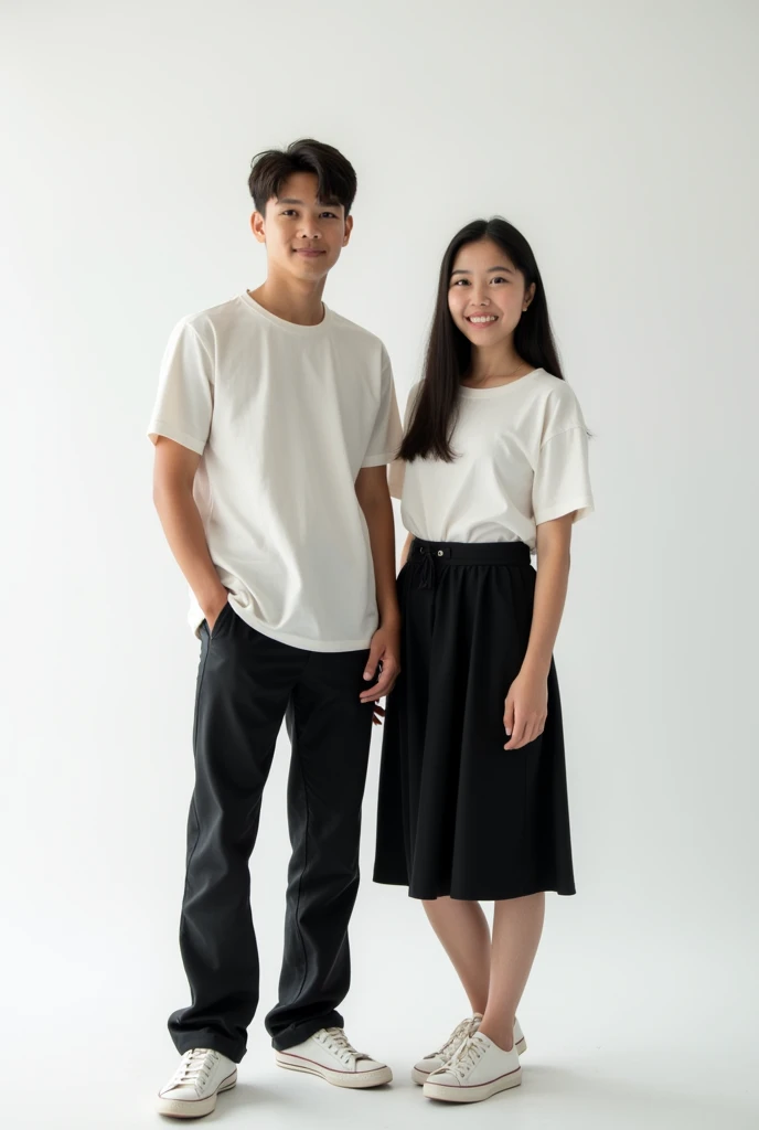 A -yeld teIndonesia, the boy is wearing long pants and the girl is wearing a black skirt, they have a white studio background.