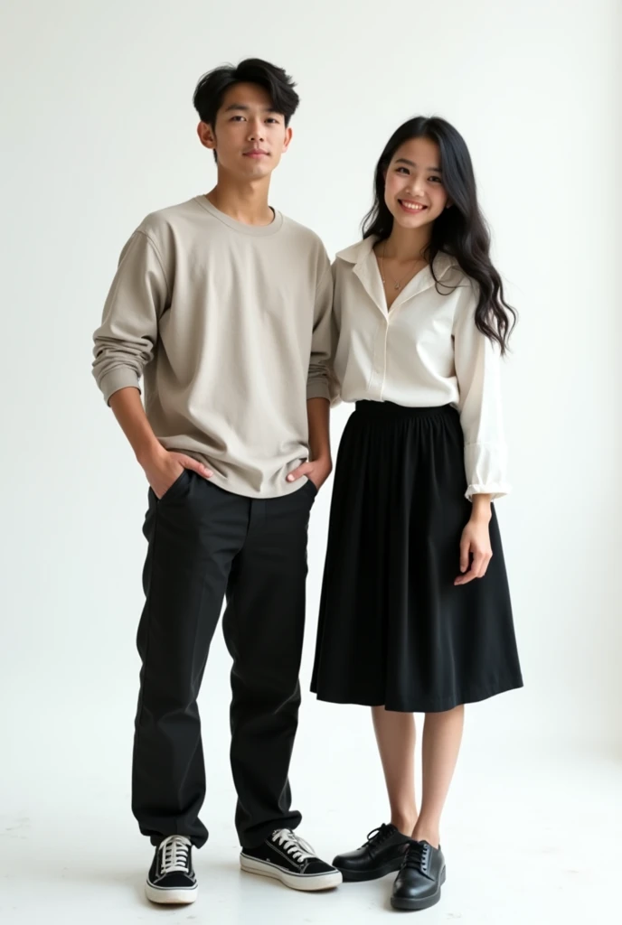 A 17-year-old teenager from Indonesia, the boy is wearing long pants and the girl is wearing a black skirt, they have a white studio background.