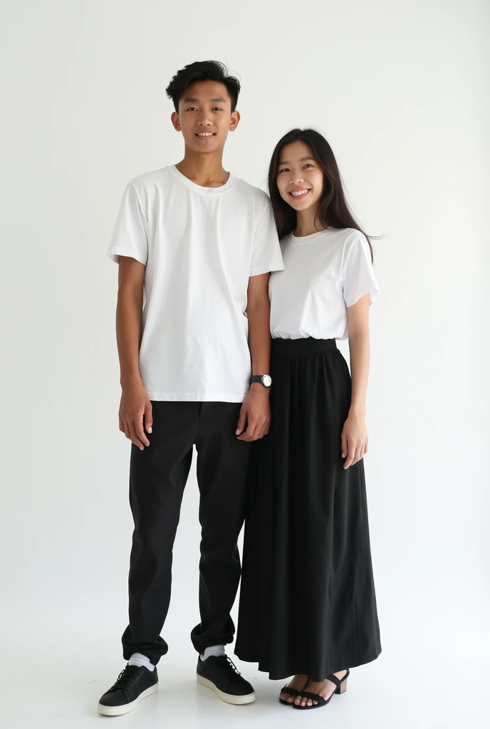 A 17-year-old ager from Indonesia, the boy is wearing long pants and the girl is wearing a black skirt, they have a white studio background.