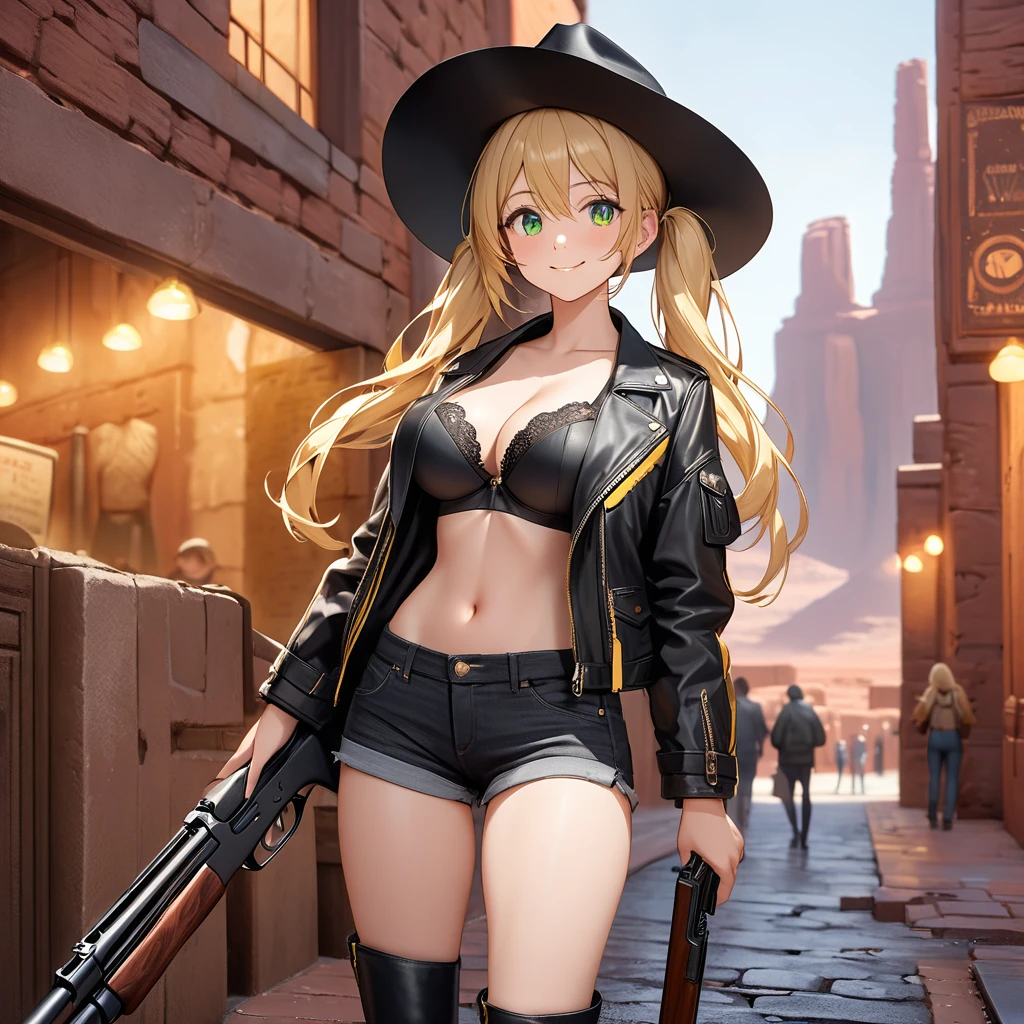 A woman wearing short black denim shorts, a long black leather jacket with yellow details, an open jacket, wearing a black bra, large breasts, black leather boots, blonde hair, long hair, pigtails, green eyes, a black cowboy hat with yellow details, smiling, standing holding a traditional shotgun, perfect shotgun, in a faroest city, on a concrete sidewalk, Monument Valley location,UHD , prime work , accurate , anatomically correct , textured skin , super details , high quality , best quality, 8k, high resolution, bokeh effect. (woman alone)