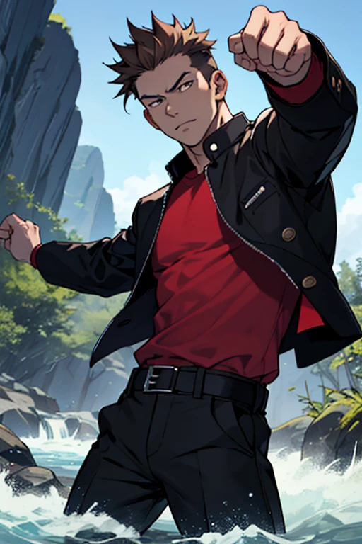 One boy, alone, Iris, Point pupils, Brown Hair, short hair, gakuran, Black jacket,Red Shirt、Black Belt, Black trousers, bad、In the river、Legs spread in fighting pose,　Upper Body