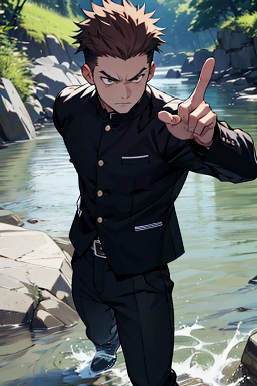 One boy, alone, Iris, Point pupils, Brown Hair, short hair, gakuran, Black jacket,Red Shirt、Black Belt, Black trousers, bad、In the river、Legs spread in fighting pose,　Upper Body