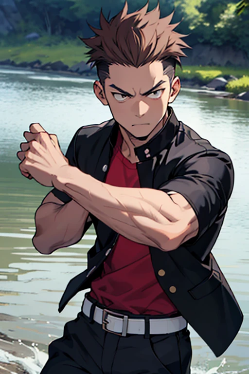 One boy, alone, Iris, Point pupils, Brown Hair, short hair, gakuran, Black jacket,Red Shirt、Black Belt, Black trousers, bad、In the river、Legs spread in fighting pose,　Upper Body