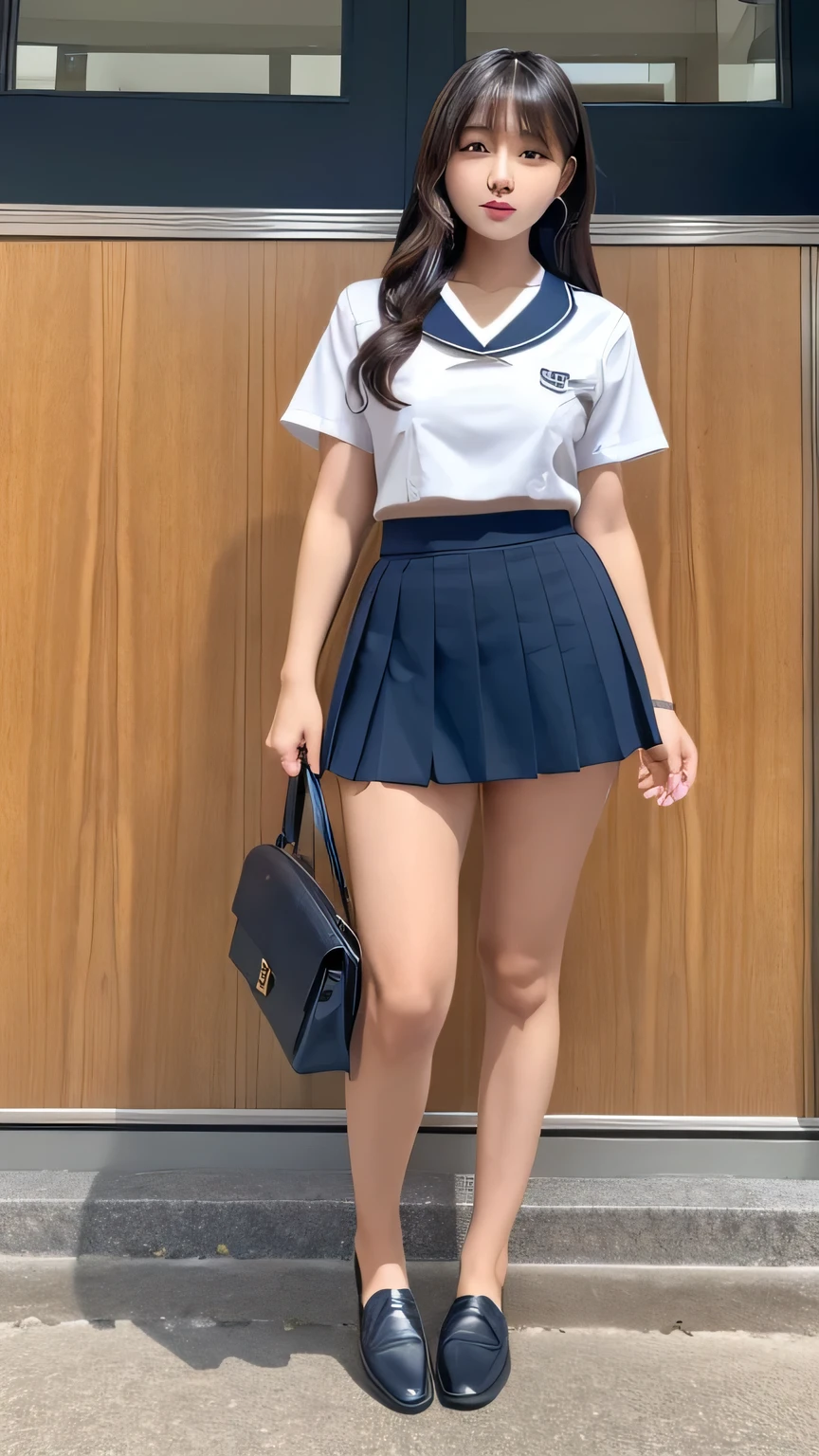 ((distant view, full body, whole body, from head to toes, black loafers)), ((masterpiece)), best quality,
one black school girl walking in kabukicho, ((baring navel, baring midriff, beautiful face, voluptuous thighs)), tanned skin, holding one school bag,
low rise micro skirt, low-rise, low waist, pleated micro mini skirt, navy blue mini skirt, very short skirt, cropped white school blouse, short sleeves