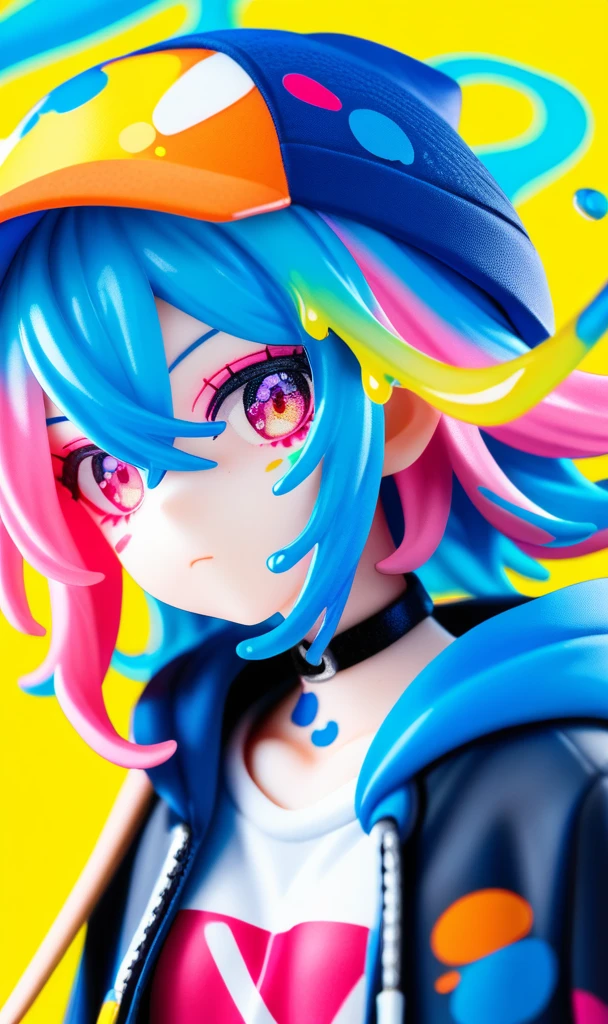 score_9,score_8_up,score_7_up,source_アニメ,
独奏,yellow background,choker,multicolored eyes,looking at viewer,1girl,black choker,portrait,multicolored hair,blue hair,pink hair,hood,halftone,short hair,pink eyes,liquid hair,covered mouth,paint splatter,floating hair,colorful,hair between eyes,makeup,hood down,High resolution, chest,