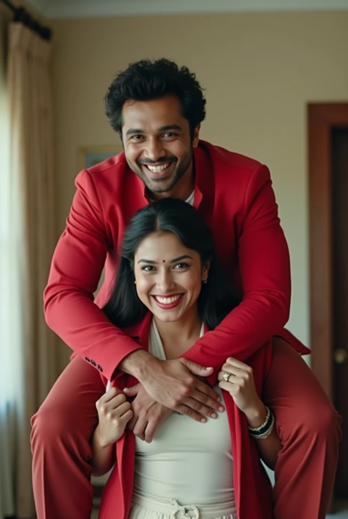 Create a realistic photograph of a smiling and beautiful indian actress in red jacket carrying a large man on her shoulders in a room, man is sitting on top of her shoulders , man on top, woman at bottom