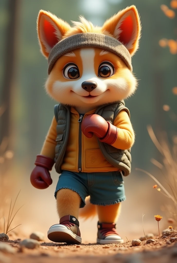Rescue story "A cute and determined anthropomorphic puppy, dressed in a torn vest, in your hands gloves, shorts and a headband, walking on solid ground. The dog's fur is soft and well-groomed, which adds a touch of charm to his fierce training session. 8K resolution,