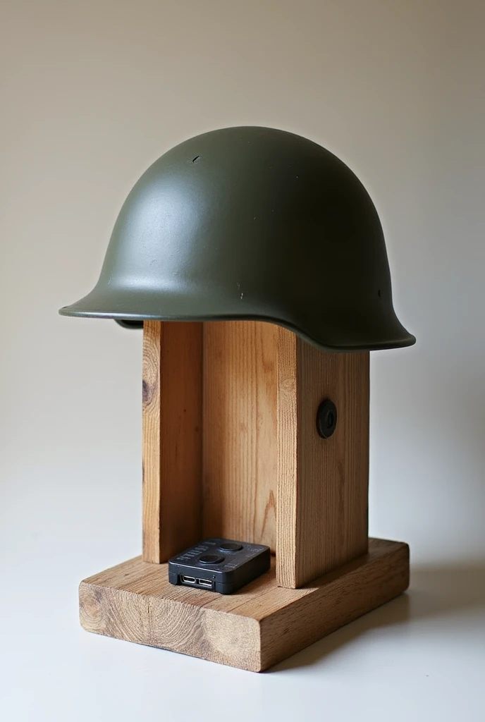photo of wooden helmet holder, with a helmet on top. under outlets to charge cell phone, with a cell phone charging