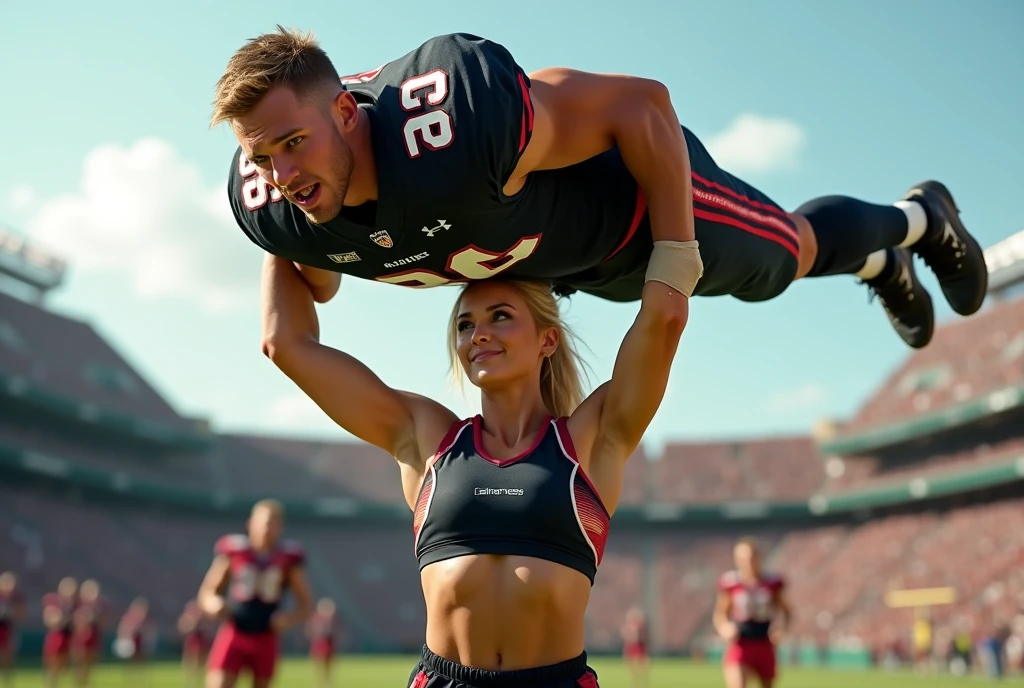 Blonde, Beautiful, and strong cheerleader lifting a large male football player in her strong arms. Photorealistic. View from a distance. Wide angle