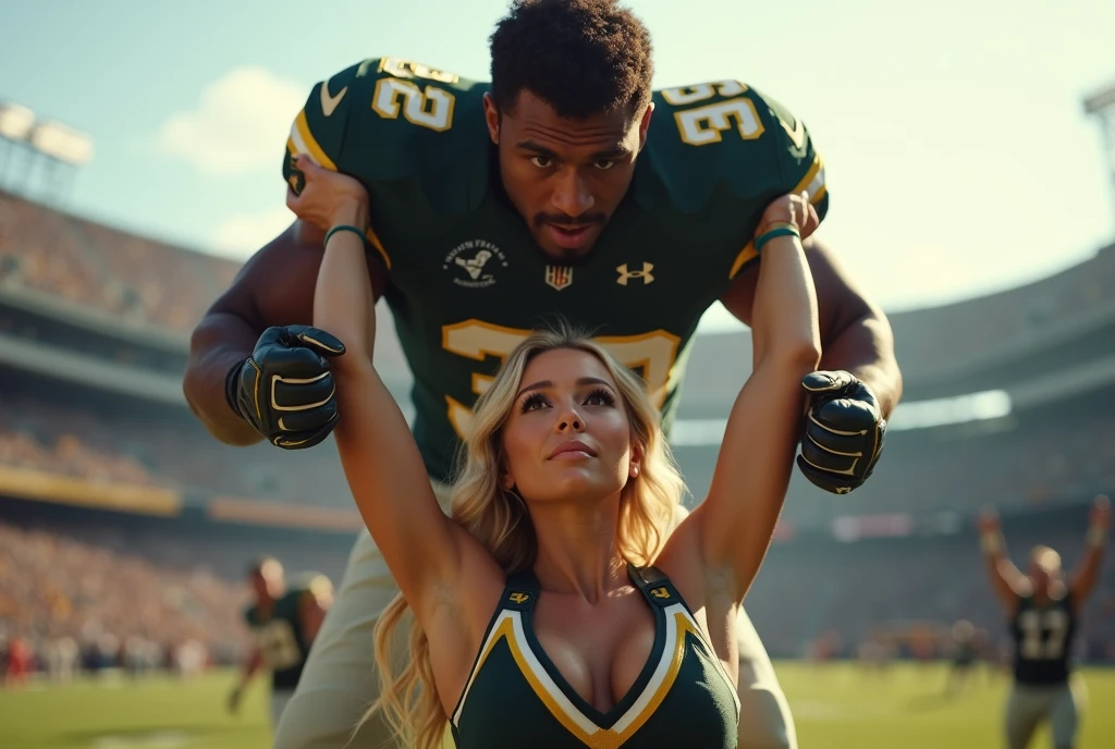 Blonde, Beautiful, and strong cheerleader lifting a large male football player in her strong arms. Photorealistic. View from a distance. Wide angle