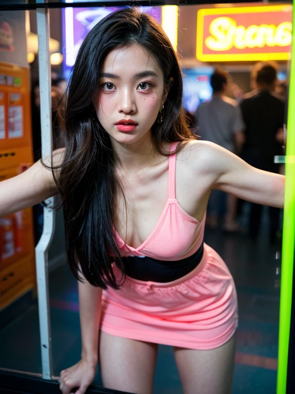 A candid shot on the street, (behind a glass shot:1.5), (best quality:1.5), japanese, 1man, 1girl, 35y a man in casual cloth with short black hair, 25y sweet and chubby girl in pink slipdress and sneakers,  in a gas station, a man carrying a girl with his arms then giving sex kiss, she has messy mid long bang hair, (lifting posing:1.3), real couple, (having sex:1.3), 120 film looks, (neon light reflection in glass surface:1.3), ambient lighting, night, (rainy:1.2), detailed face and eyes, detailed nose and lips, very highly detailed, surreal view, (sharp focus:1.3), shot by mamiya analog film, (aesthetic photography:1.3), (dynamic wide angle:1.3)