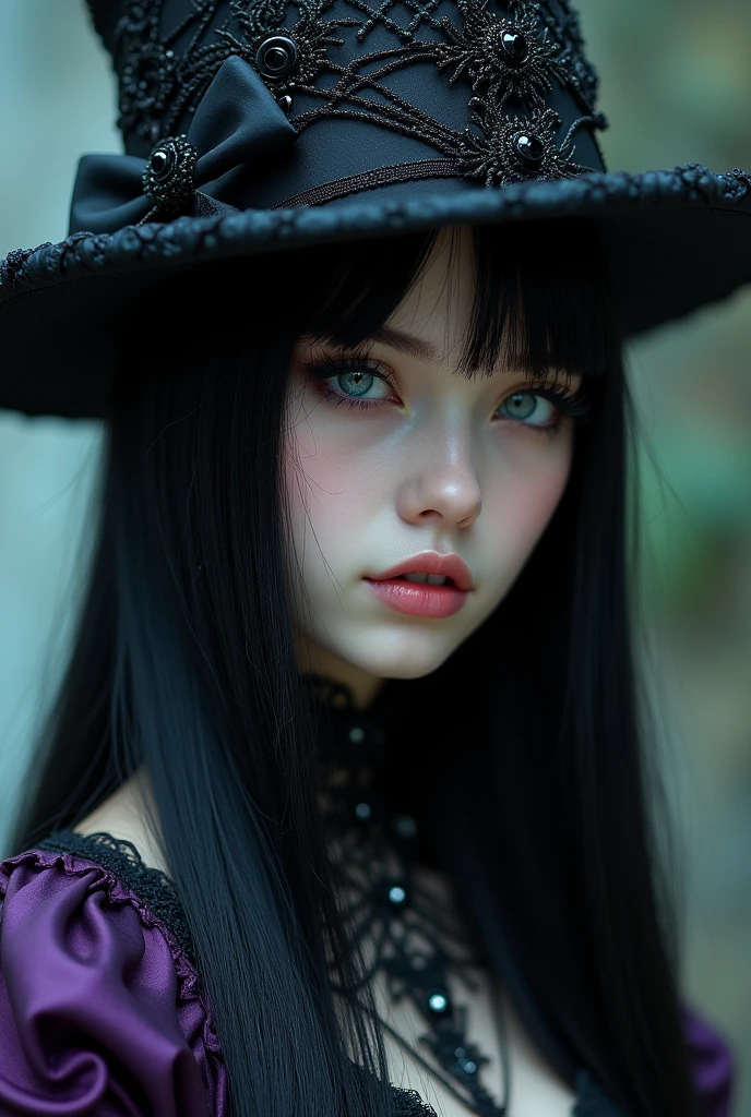 Sexy male, black long silky-smooth hair. Teal blue eyes. Long eyelashes. Gothic style. Gothic clothing. Gothic hat. No facial hair. No body hair. Long boots. A long-wanted serial killer. Purple and black. Surreal, Insanely detailed, Detailed face, extremely detailed texture. Cute. Pretty. Male. Seductive. Sensual. Pretty. Male. Delicate features. White skin. Pale skin.