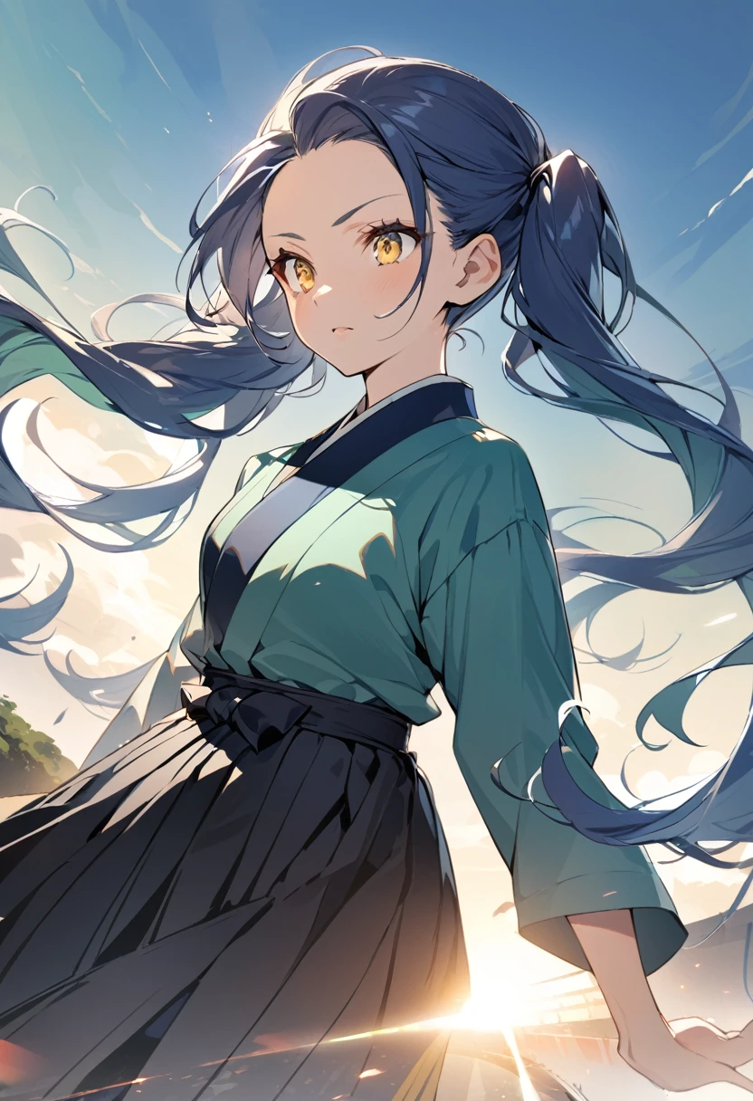 (The background is a Japanese highway,One woman,Tall,Navy Blue Hair,Her hairstyle is twin tails that expose her forehead.,Medium chest,yellow eyes,Grown-up face,Dynamic Angle)Blue-green kimono、Black hakama