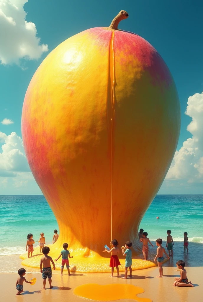 A multiple colour  mango stands in an open sea the size of a five-story building and the juice is pouring out from the mango and children are scooping it up in bowls