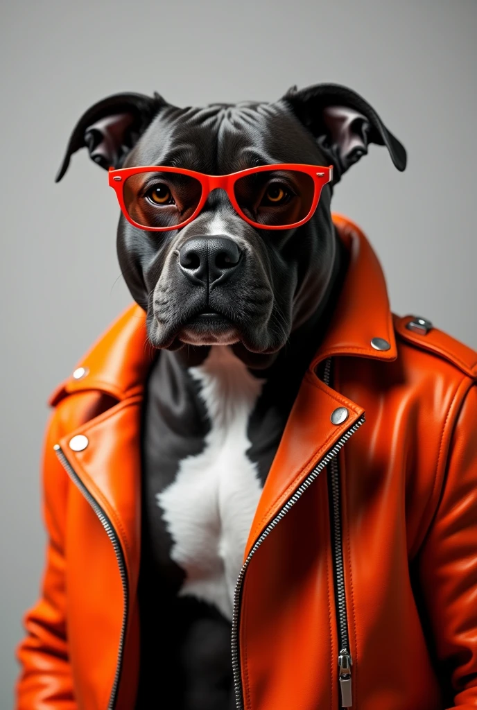 Create a black and white image of a pitbull dog with red glasses in 4k. The dog must have an orange leather jacket. The image should have a dimension of 130 cm high x 80 cm wide.