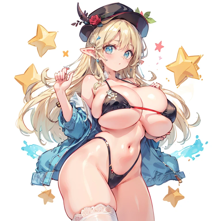 Anime Kawaii sexy Perfect Slim sensual body large breast and huge thighs, An intricate and highly detailed illustration of anime (Young girl). A bikini、girl in a hat,(masterpiece, best quality) detailed,silver accessories , Blonde ,elegant, Pointed ears ,Deep V one-piece swimsuit,Double tail,Waist-length hair,Smile,Star decoration,White lace socks,thorns,Rose,Vest line