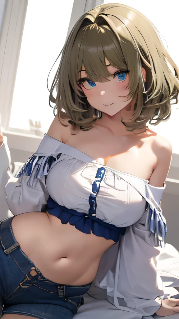 CG, Unity, 8k, wallpaper, highest quality,sunlight、Perfect lighting、 masterpiece, haruka amami, (smile: 1.2), 1. High school girl、Brown Hair、Curly Hair、blue eyes、Thick lips、((naked、Nipples are visible:1.5))、 BREAK Denim Shorts, naked足, Thighs, Best lighting, Complex pupil, Intricate weaving, Detailed Background, Japanese countryside,Pool、evening、sunset