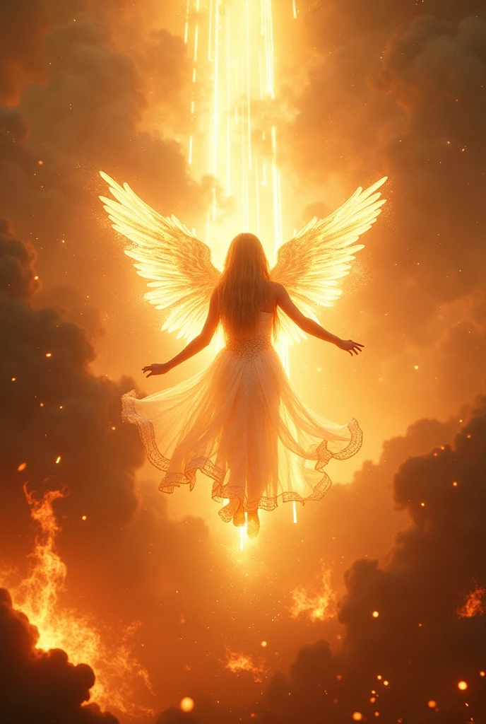 fire descending from the sky, a being with white and bright clothes