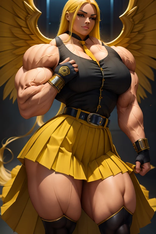 ((Close-up)), tall, (yellow hair) beautiful muscular latino woman, long flowing hair, light brown skinned, closed smile, (black lipstick), (massive muscles), (hyper muscle), ((ginormous bulky muscles)), blue eyes, (((sleeveless yellow pleated shirt))), (giant angel wings), (((long yellow pleated skirt with belt))), fingerless gloves, necktie, thigh highs, on a skyscraper, 