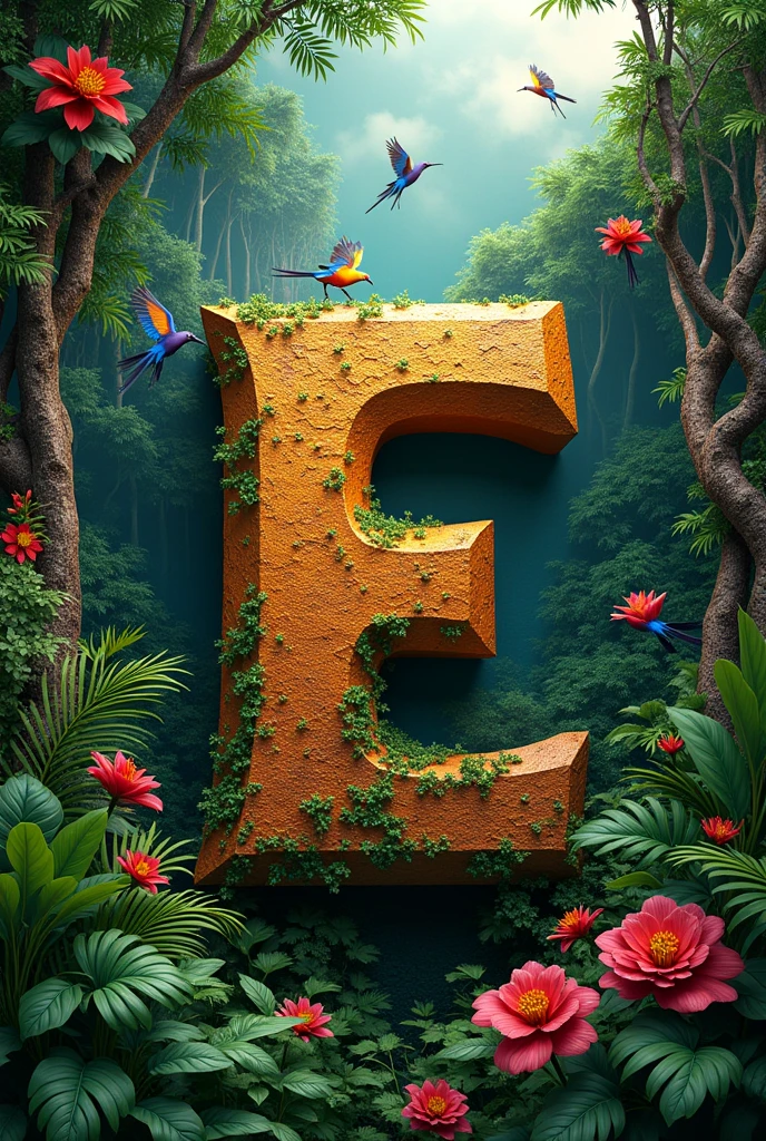 The word "Dilmer E" 3D high relief with a background of a beautiful Peruvian jungle landscape along with wild birds