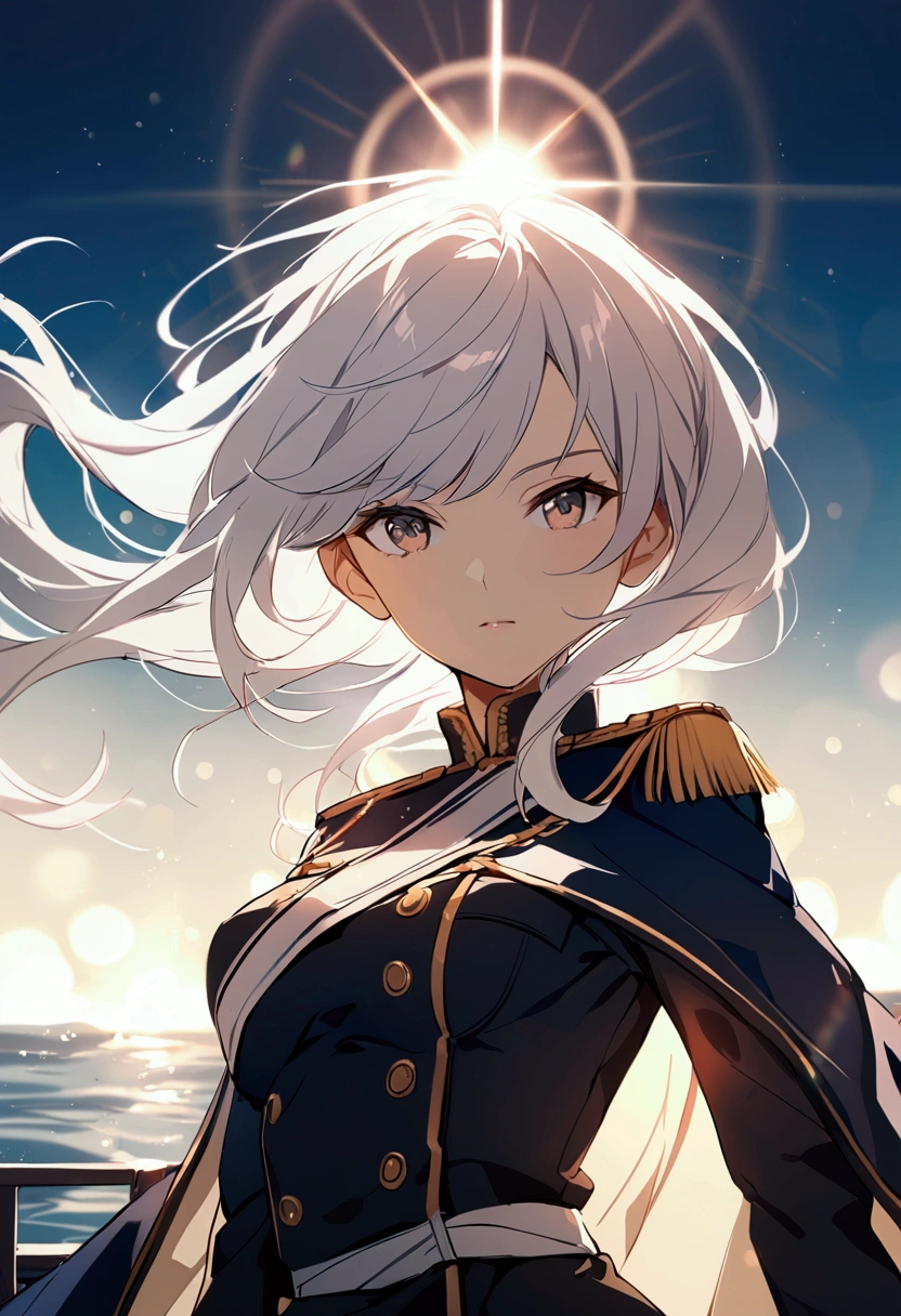Ship deck background, daytime, sun glare, Military uniform, dark blue uniform, navy uniform, cape, 1girl, white hair, shining hair, medium breast, bokeh, epic, facing viewer,