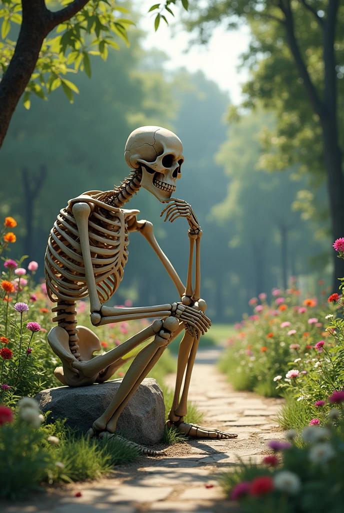 An esqueleto seated in a park with a beautyful garden around thinking on future... The esqueleto need to looks like an adult