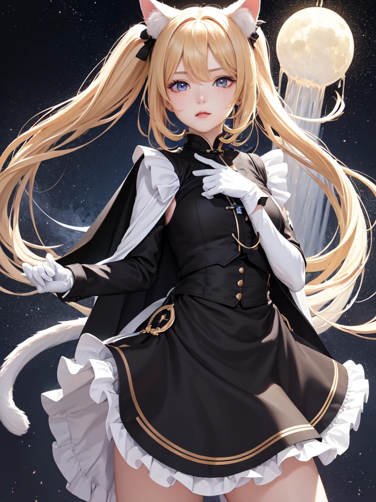 (Ultra extreme detailed),(Masterpiece),(Ultra extreme),(Realistic),CG,(color:1.2), Beautiful lighting,Light from the front,evaluation:Safety,D２By people, black,Blonde twin tails,length hair,blue eyes,white_gloves,garter_strap,absolute_ryouiki,Pleats_skirt,white_skirt,blackcolorストーキング,expensive_Heel,white shrite,length_sleeve,black_Cape,short_Maid clothes、Cat ear、Cat hand、Cat imitation