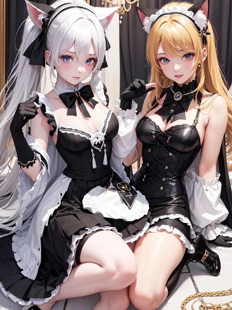 (Ultra extreme detailed),(Masterpiece),(Ultra extreme),(Realistic),CG,(color:1.2), Beautiful lighting,Light from the front,evaluation:Safety,D2By people, black,Blonde twin tails,length hair,blue eyes,white_gloves,garter_strap,absolute_ryouiki,Pleats_skirt,white_skirt,blackcolorストーキング,expensive_Heel,white shrite,length_sleeve,black_Cape,short_Maid clothes、Cat ear、Cat hand、Cat imitation