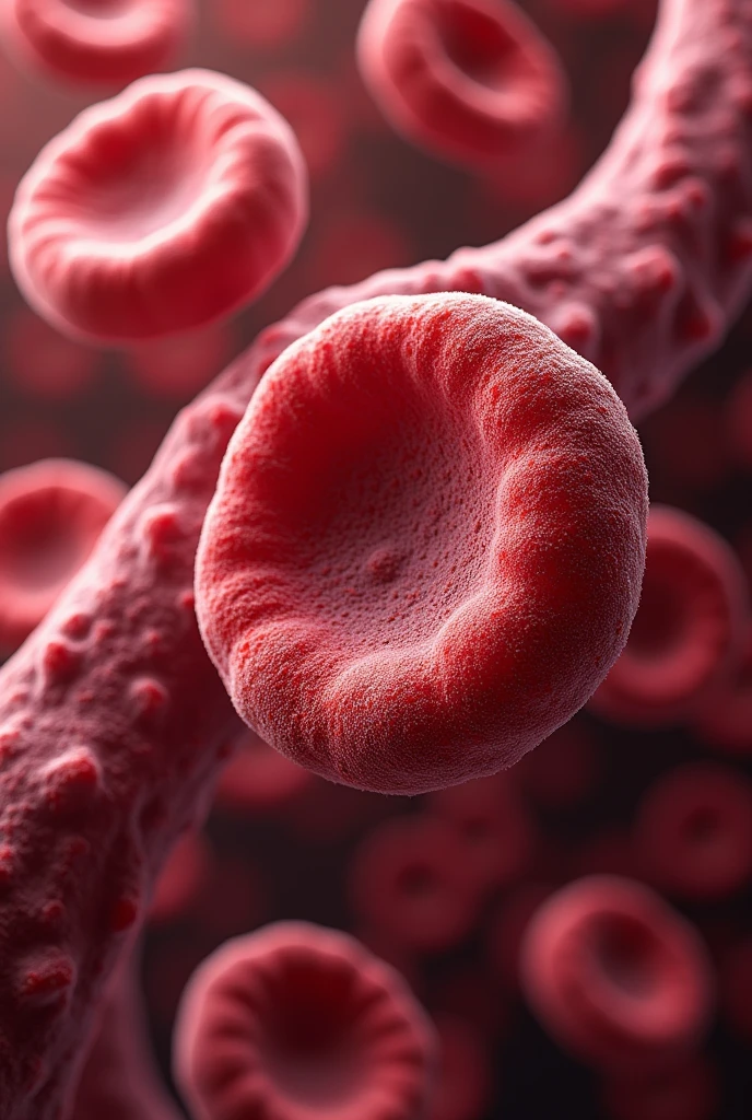 An enlarged image of red blood cells circulating within a blood vessel, highlighting the rounded and hemoglobin-filled cells.