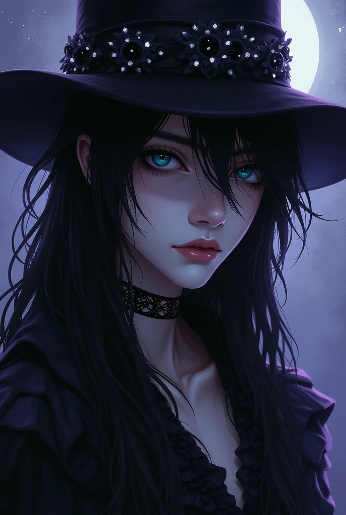 Sexy young male, black long silky-smooth hair. Teal blue eyes. Long eyelashes. Gothic style. Gothic clothing. Gothic hat. No facial hair. No body hair. Long boots. A long-wanted serial killer. Purple and black. Surreal, Insanely detailed, Detailed face, extremely detailed texture. Cute. Handsome Male. Seductive. Sensual. Pretty. Male. Delicate features. White skin. Pale skin.