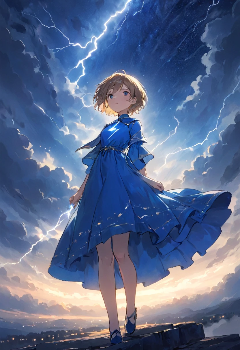 thought ,Short Hair, Blue Dress , masterpiece , A cloudy night sky with a sky full of stars , Mage Dress , One person , lightning , Soft Light