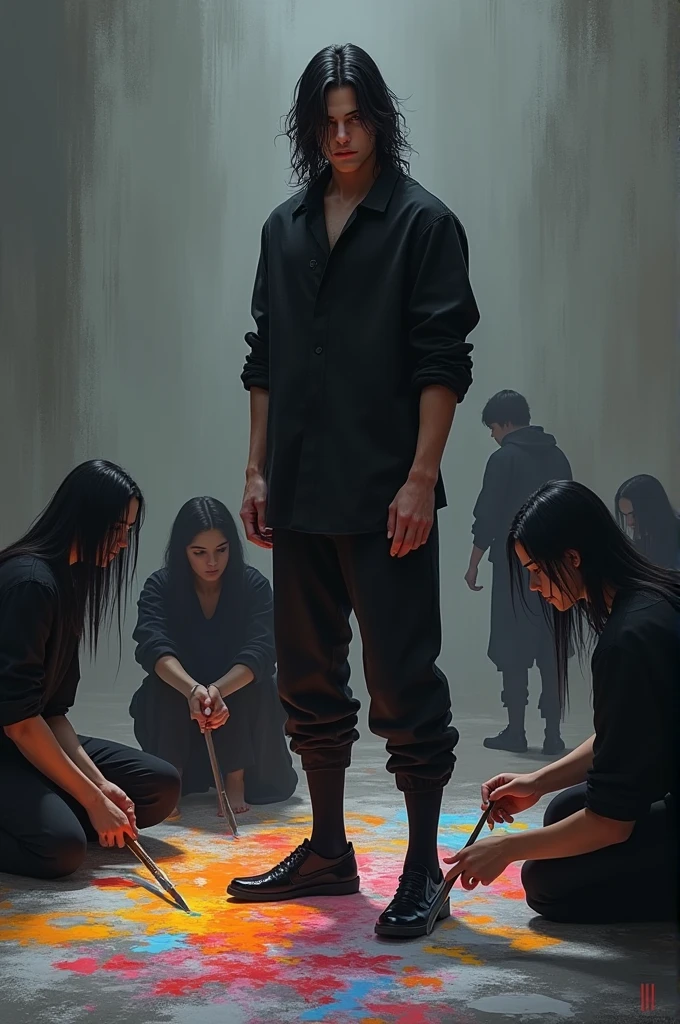Handsome, realistic, muscular teenager
Tall with long black hair , with black clothes and handsome , beardless with a sad grayish background environment with his friends painting a colorful canvas , all dressed in black painting on the floor