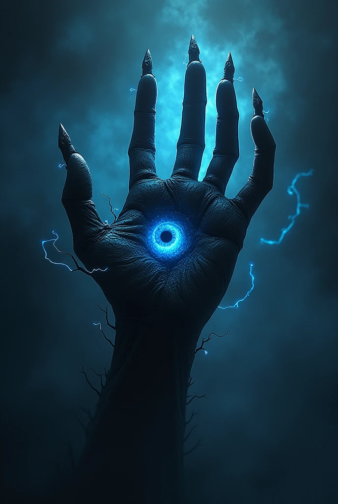 Lovecraftian style space monster. it has the shape of a hand WITHOUT WRIST and without an arm to hold it. It has four twisted fingers pointing upwards, It's black and terrifying. It floats through space. In the palm It has a large blue eye in the middle. The pupil reflects a black hole. Electricity runs through it.