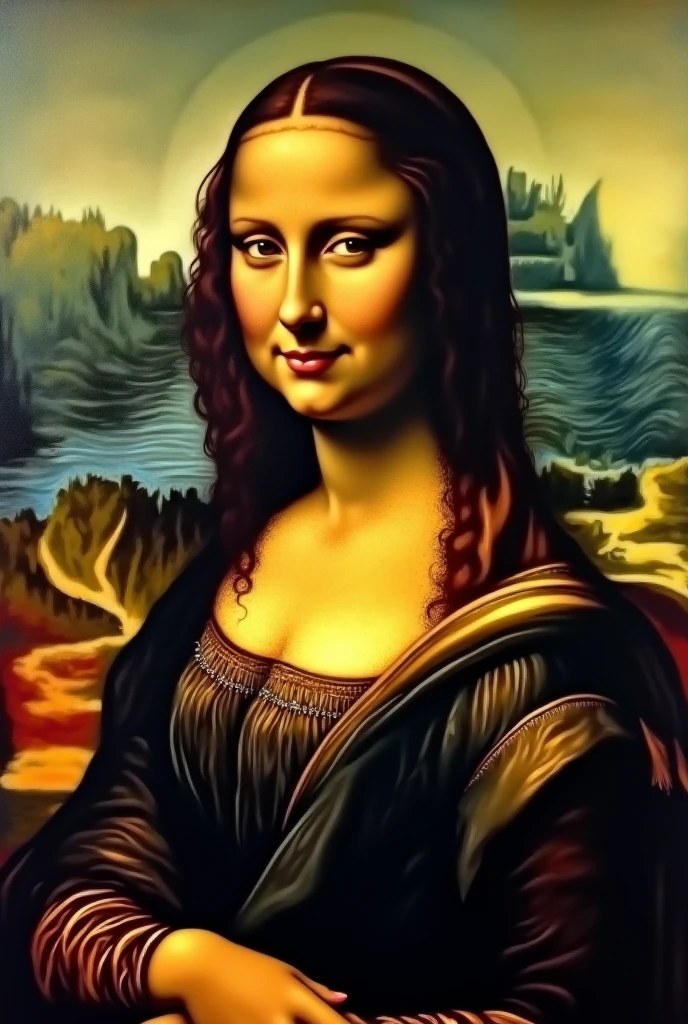 Leonardo style oil painting of nude beautiful latina woman with short hair similiar to the mona lisa painting