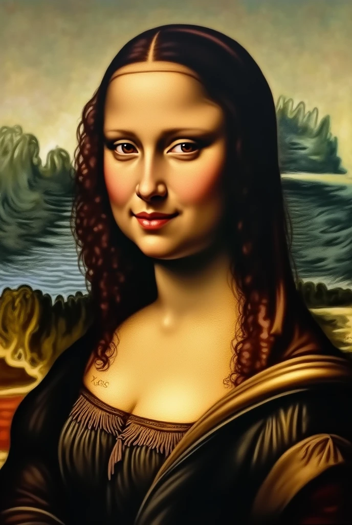 Leonardo style oil painting of nude beautiful latina woman with short hair similiar to the mona lisa painting
