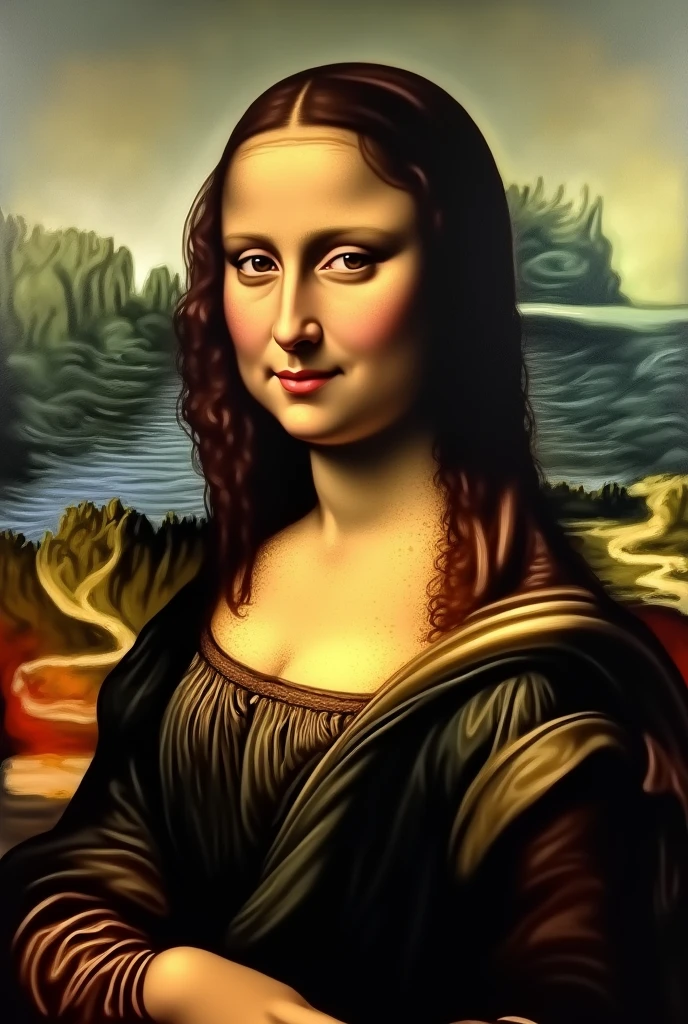 Leonardo style oil painting of nude beautiful latina woman with short hair similiar to the mona lisa painting 